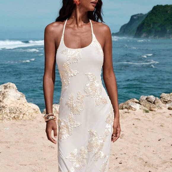 Apricot Elegant Women's Backless Floral Jacquard Halter Maxi Dress - Picture 5 of 7